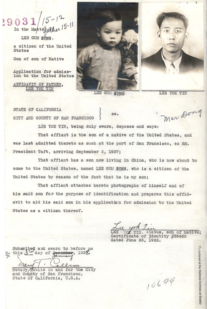 Lee Yok Tin affidavit with photos of Lee Gum Sing and Lee Yok Tin,” 1938